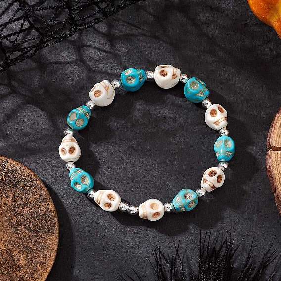 Браслеты из окрашенных синтетических бирюзовых бусин для мужчин и женщин, череп