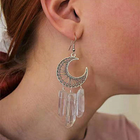 Natural Crystal Moon Earrings European American Style Jewelry Handmade Bride Gift.