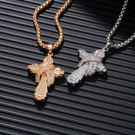 Brass Clear Cubic Zirconia Cross Pendant Box Chain Necklaces Fashionable and Versatile Jewelry Accessory