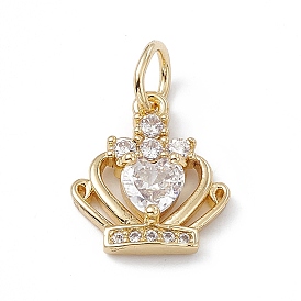 Rack Plating Brass Cubic Zirconia Charms, Cadmium Free & Lead Free, Long-Lasting Plated, with Jump Ring, Crown Charm