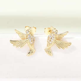 Серьги-гвоздики из латуни с микропаве в виде колибри, украшенные прозрачными кубическими циркониями., стойки покрытие, долговечный, без кадмия и без свинца