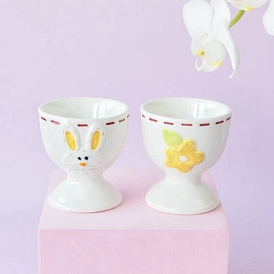 Rabbit/Flower Easter Ceramic Egg Holders, Porcelain Egg Cups for Dinner Spring Party Table Settings Decor