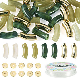 32шт. 4 цвета изогнутые трубчатые акриловые бусины, 1 свернуть эластичную хрустальную нить, 20шт. латунные дисковые бусины, 1шт. акриловые изогнутые трубчатые бусины