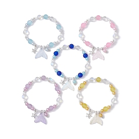5 piezas 5 juego de pulseras elásticas con cuentas de perlas de imitación de plástico ABS y vidrio de color, pulseras apilables con dijes de estrella de mar y cola de pez