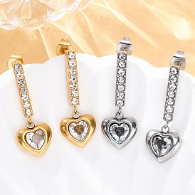 304 серьги-гвоздики в форме сердца из нержавеющей стали со стразами, с четким кубического циркония, вакуумное покрытие pvd