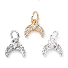 Rack Plating Brass Micro Pave Clear Cubic Zirconia Charms, Long-Lasting Plated, with Jump Rings, Moon