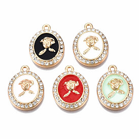 Rack Plating Alloy Enamel Pendants, with Crystal Rhinestone, Light Gold, Cadmium Free & Nickel Free & Lead Free, Oval Charms with Flower