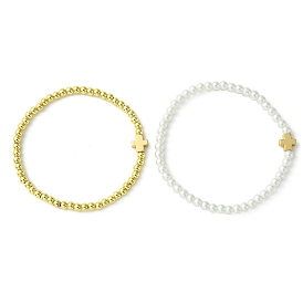 2Pcs 2 Colors Alloy Cross Link Bracelets, 4mm Round Brass Beaded Stretch Bracelets for Women