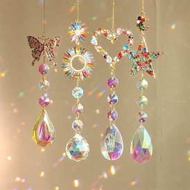 Alloy Rhinestones Hanging Ornaments, Glass Teardrop Tassel Suncatchers for Garden Outdoor Hanging Decorations