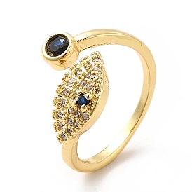 Cubic Zirconia Evil Eye & Glass Flat Round Open Cuff Ring, Brass Jewelry for Women