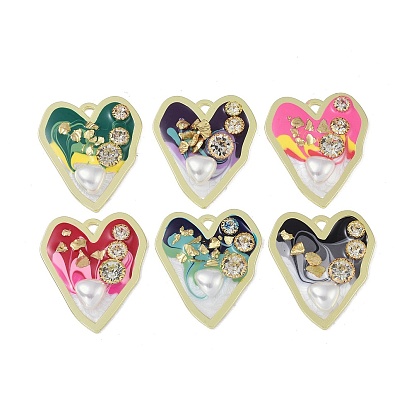 Rack Plating Alloy Enamel Pendants, with Resin, ABS Imitation Pearl Beads, Rhinestone and Glass Beads, Cadmium Free & Nickel Free & Lead Free, Heart