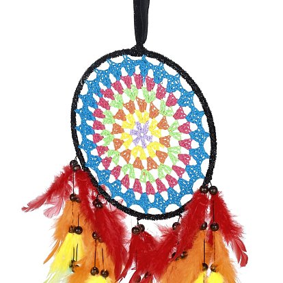 Iron Woven Web/Net with Feather Pendant Decorations, with Plastic Beads, Flat Round