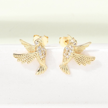 Серьги-гвоздики из латуни с микропаве в виде колибри, украшенные прозрачными кубическими циркониями., стойки покрытие, долговечный, без кадмия и без свинца