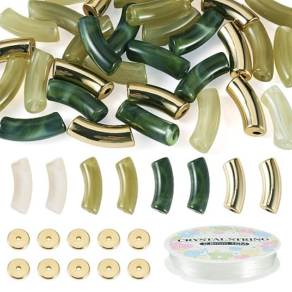 32шт. 4 цвета изогнутые трубчатые акриловые бусины, 1 свернуть эластичную хрустальную нить, 20шт. латунные дисковые бусины, 1шт. акриловые изогнутые трубчатые бусины