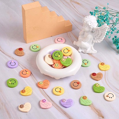 32Pcs 16 Styles Opaque Cute Resin Cabochons, Heart & Flat Round with Smiling Face