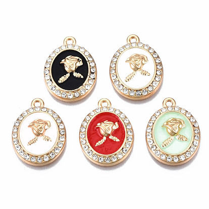 Rack Plating Alloy Enamel Pendants, with Crystal Rhinestone, Light Gold, Cadmium Free & Nickel Free & Lead Free, Oval Charms with Flower
