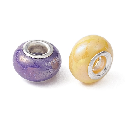 Opaque Resin European Beads, Large Hole Beads, Imitation Porcelain, with Platinum Tone Brass Double Cores, AB Color, Rondelle