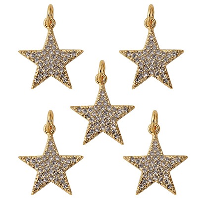 5Pcs Brass Micro Pave Clear Cubic Zirconia Pendants, Long-Lasting plated, Star