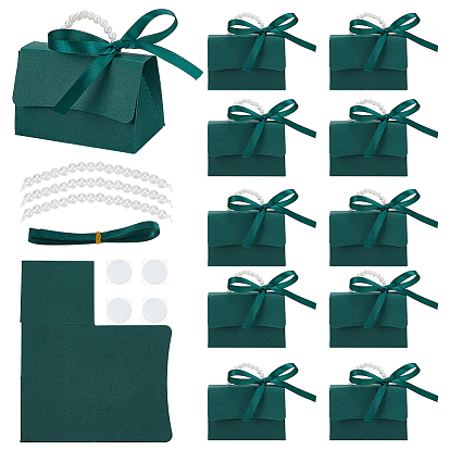 Складные бумажные свадебные конфетницы с пластиковой ручкой, украшенной круглыми бусинами с имитацией жемчуга, и лентой, форма сумочки