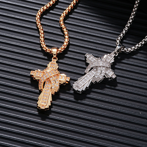 Латунный прозрачный кубический цирконий крест подвеска коробка цепи ожерелья модный и универсальный ювелирный аксессуар
