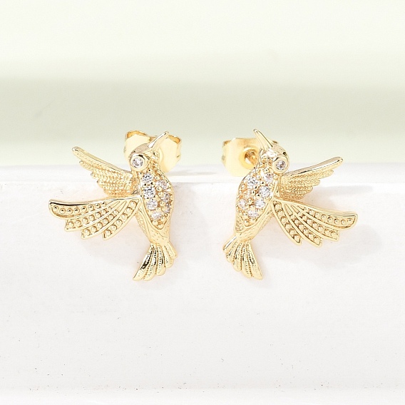Серьги-гвоздики из латуни с микропаве в виде колибри, украшенные прозрачными кубическими циркониями., стойки покрытие, долговечный, без кадмия и без свинца