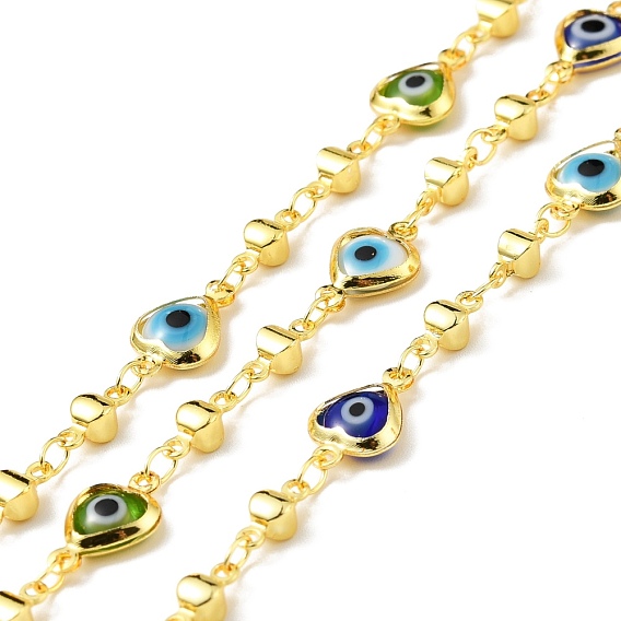 Handmade Brass Heart with Glass Evil Eye Link Chain, Long-Lasting Plated, Soldered, with Spool