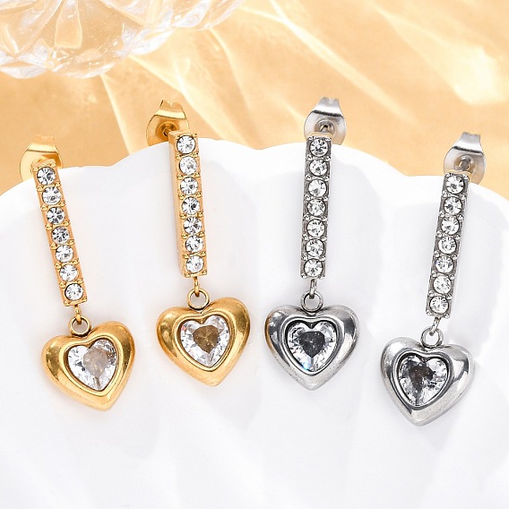 304 серьги-гвоздики в форме сердца из нержавеющей стали со стразами, с четким кубического циркония, вакуумное покрытие pvd