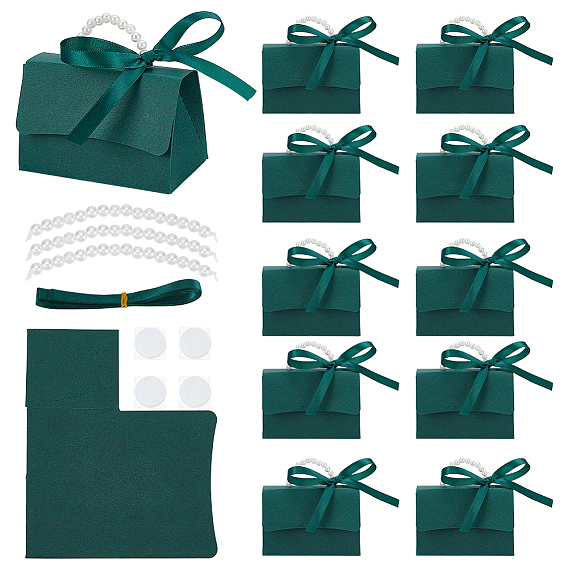 Складные бумажные свадебные конфетницы с пластиковой ручкой, украшенной круглыми бусинами с имитацией жемчуга, и лентой, форма сумочки