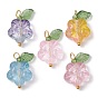 10Pcs 5 Color Glass Flower & Acrylic Leaf Pendants, with Brass Loops