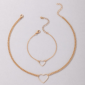 Minimalist Heart Cutout Jewelry Set with Geometric Peach Hearts - Bracelet and Necklace Combo