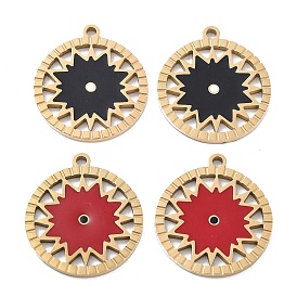 Ion Plating(IP) 304 Stainless Steel Pendants, with Enamel, Flat Round with Sun Charm, Golden