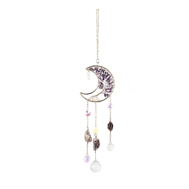 Natural Amethyst Chips Beaded Moon Hanging Sun Catchers, Faceted Glass Octagon & Teardrop, Rainbow Maker, with Iron Findings