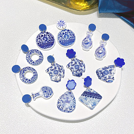 Retro Printing Imitation Blue and White Porcelain Acrylic Vase Stud Earrings Female S925 Silver Needle Earrings