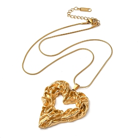 304 Stainless Steel Round Snake Chain Textured Heart Pendant Necklaces for Women