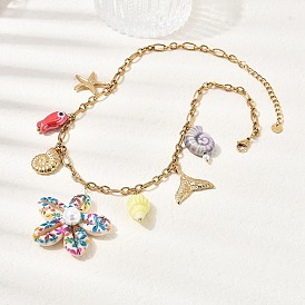 Подвеска в форме рыбы с напечатанной натуральной ракушкой каури, разноцветным цветком и керамической ракушкой 304 Женские цепочные ожерелья из нержавеющей стали, красочный