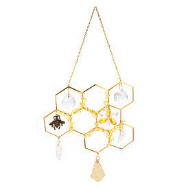 Gwmstone Chip Pendant Decoration, Honeycomb Hanging Sun Catchers, Home Decoration, with Brass Finding and Glass Round Charm, Golden