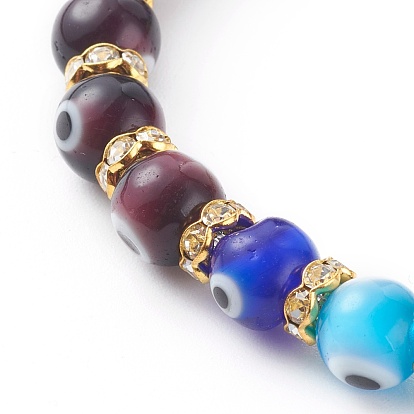 Chakra Jewelry, Alloy Rhinestone Hamsa Hand Link Bracelets, Stretch Beaded Bracelets, with Evil Eye Lampwork Beads and Brass Rhinestone Spacer Beads, Golden