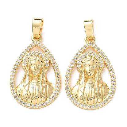 Brass Micro Pave Clear Cubic Zirconia Pendants, Teardrop & Virgin Mary Charms, Rack Plating, Long-Lasting Plated, Cadmium Free & Lead Free, E-Coating
