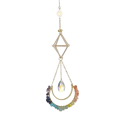 Wire Wrapped Gemstone Chip & Brass Moon Pendant Decorations, Glass Teardrop and Brass Empty Stone Holder Pouch Charm