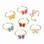 Brass Micro Pave Cubic Zirconia Cuff Rings, Open Rings, with Enamel, Butterfly, Nickel Free, Real 16K Gold Plated