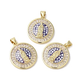 Brass Micro Pave Clear Cubic Zirconia Pendants, with Enamel & Shell, Long-Lasting Plated, Lead Free & Cadmium Free, Real 18K Gold Plated, Flat Round with Virgin Mary