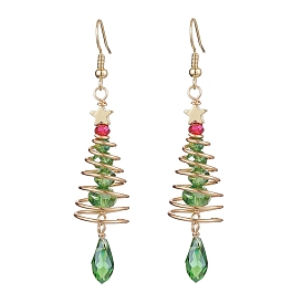 Copper Wired Glass Dangle Earrings, with 304 Stainless Steel Earring Hooks, Christmas Tree