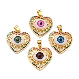 Brass Micro Pave Colorful Cubic Zirconia Pendants, with Resin, Real 18K Gold Plated, Heart with Eye