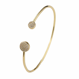 Кубический цирконий плоский круглый открытый браслет-манжета, настоящие позолоченные украшения из латуни для женщин