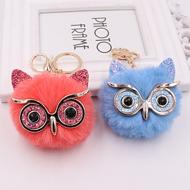 Pom Pom Ball Keychain, with KC Gold Tone Plated Alloy Lobster Claw Clasps, Iron Key Ring and Chain, Owl