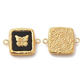 Vacuum Plating 304 Stainless Steel Connector Charms, with Black Acrylic, Square with Butterfly