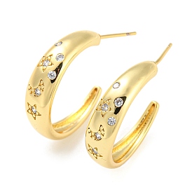 Rack Plating Brass C Shape Stud Earrings with Clear Cubic Zirconia, Half Hoop Earrings for Women, Cadmium Free & Lead Free, Long-Lasting Plated