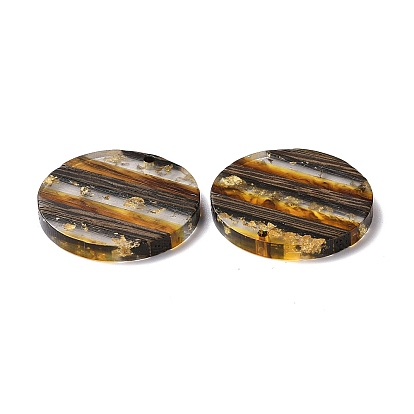 Resin & Walnut Wood Pendants, Flat Round Charm, with Gold Foil
