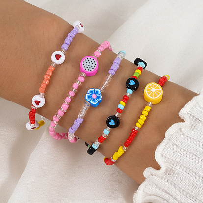 Candy-colored Heart Fruit Clay Beads Elastic Bracelet Set for Women and Kids (5 Pieces)