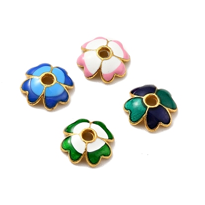 4-Petal Alloy Enamel Bead Caps, Cadmium Free & Lead Free, Golden, Flower